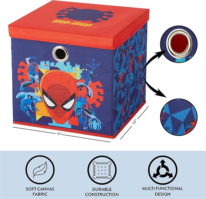 Idea Nuova Marvel Spiderman Collapsible Fabric Storage Cube,10” Organizer Bin with Lid for Bedroom, Playroom, and Closet
