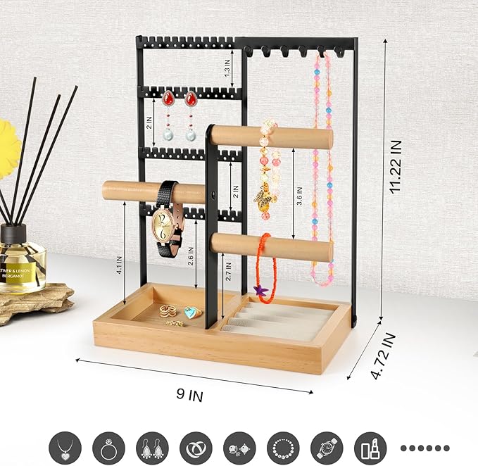 Godboat Jewelry Holder Organizer, 4-Tier Earring Holder with 48 Holes, 6 Hooks Necklace Holder, Removable Bracelet Holder, Gi