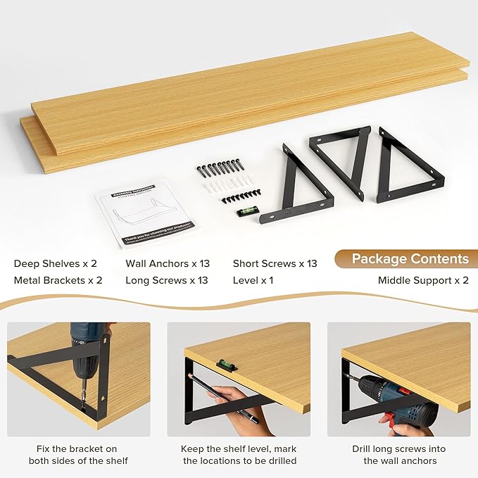 Deep Floating Shelves Wall Mounted, 55"x12" Oak Wall Shelves with Brackets Set of 2 for Bedroom, Living Room, Bathroom, Kitch