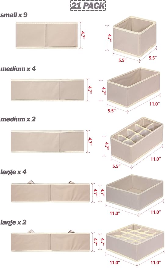 TENABORT 21 Pack Foldable Drawer Organizer Dividers Cloth Storage Box Closet Dresser Organizer Cube Fabric Containers Basket 
