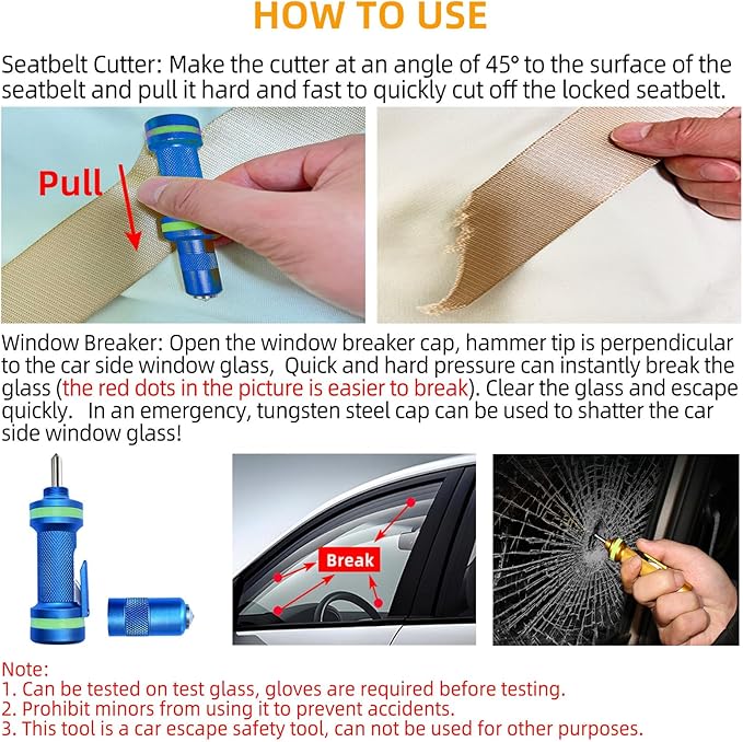 2-in-1 Window Breaker Seatbelt Cutter, Car Window Breaker Tool, Metal Glass Breaker - Extended Tungsten Steel Hammer Tip, Can