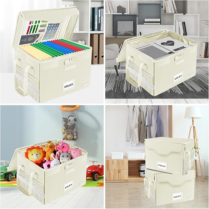 DocSafe Fireproof Document Box with Lock,File Storage Organizer with Zipper Pockets,Collapsible Portable File Box Home Office
