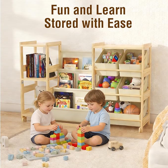 Kids Bookshelf and Toy Storage Organizer with 3-Tier Book Display and Shelves, Kids Toy Organizers and Storage with Bins, Boo