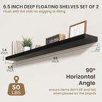 55 Inch Floating Shelves | 6.5 Inch Deep Black Floating Shelves Set of 2 | 55" W x 6.5" D Rustic Black Wood Wall Shelves with
