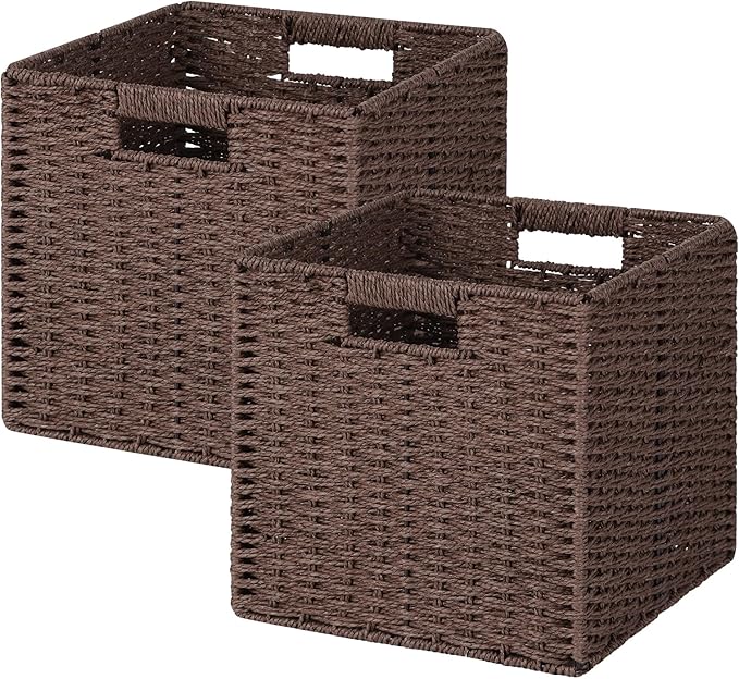 Woven Wicker Storage Baskets 2-Pack, 11x11 Handwoven Paper Rope Organizer Bins, Foldable Cube Storage Cubes with Built-in Han