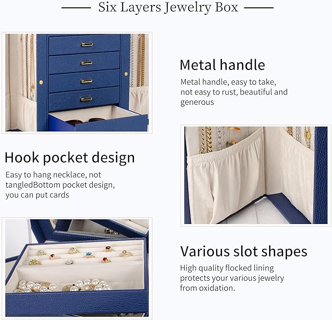 AKOZLIN Large Jewelry Box Organizer Functional with Big Mirror, Leather Jewelry Storage Case for Women Girls Ring Necklace Ea