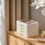 pickpiff Jewelry Box Organizer Case for Women: 4-Layer Jewelry Storage Case with Glass Window, Ivory Leather with Pink Velvet