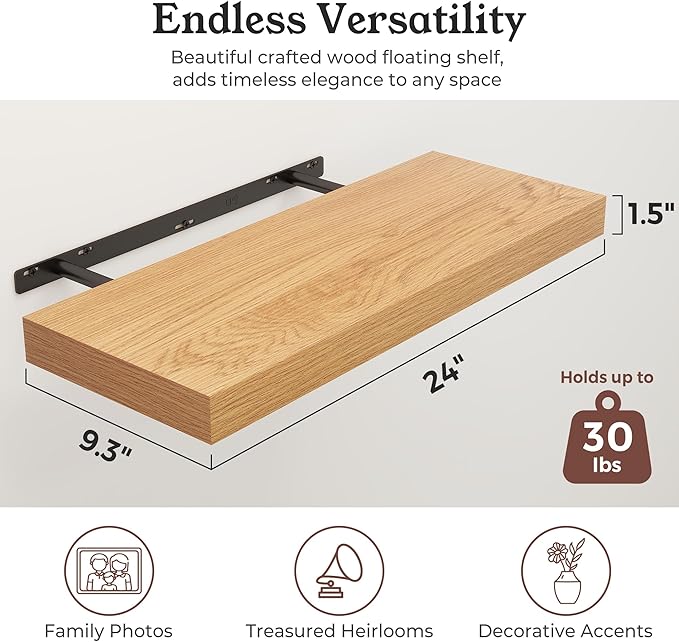 Floating Shelves for Wall, 9.3" Deep Wall Mounted Wood Shelves for Bathroom, Bedroom, Living Room, Kitchen, Hanging Shelf for