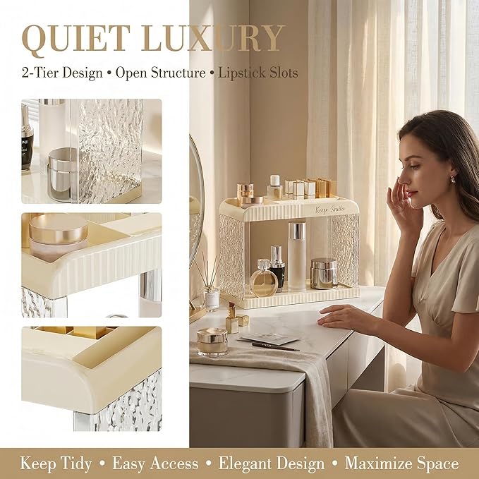 Bathroom Countertop Organizer, 2 Tier Makeup Storage Counter Shelf, Perfume Stand Vanity Holder Skincare Cosmetic Lipstick Dr