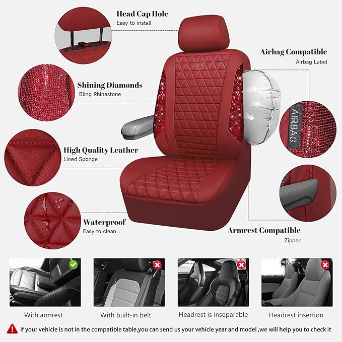 CAR PASS Bling Diamond Burgundy Leather Car Seat Covers for 2 Front Seats Protector, Waterproof Shining Glitter Sparkly Cryst