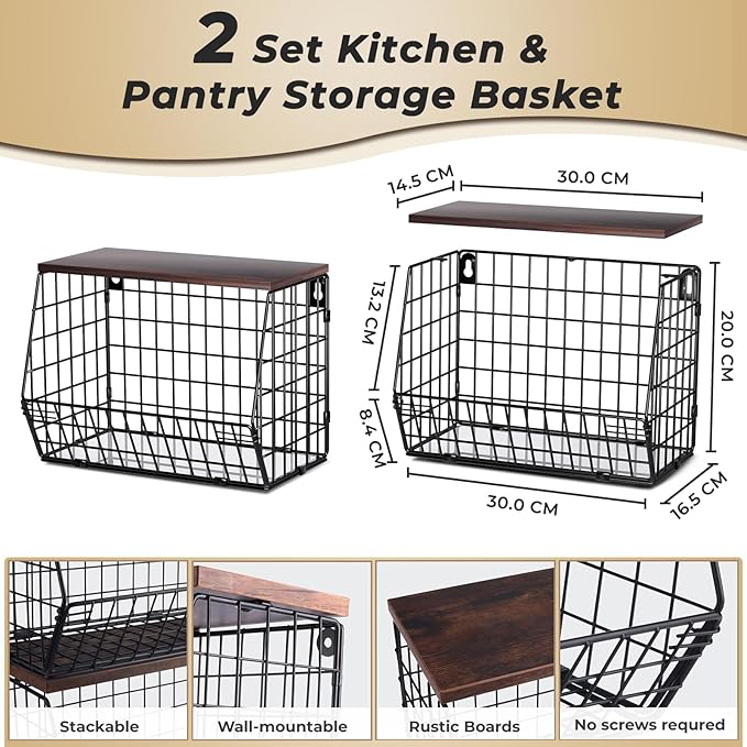 Mefirt 2pcs Fruit Basket Kitchen Storage Basket with Wood Lid, Stackable Wall Basket Fruit Basket for Kitchen, Countertop Org