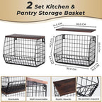 Mefirt 2pcs Fruit Basket Kitchen Storage Basket with Wood Lid, Stackable Wall Basket Fruit Basket for Kitchen, Countertop Org