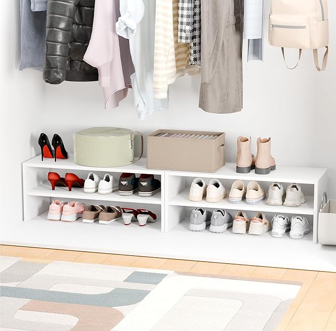 Whitmor Stackable 28" Extra Wide 2-Shelf Storage Organizer, Stackable Wood Combination Shoe Organizer Racks Shelves for Close