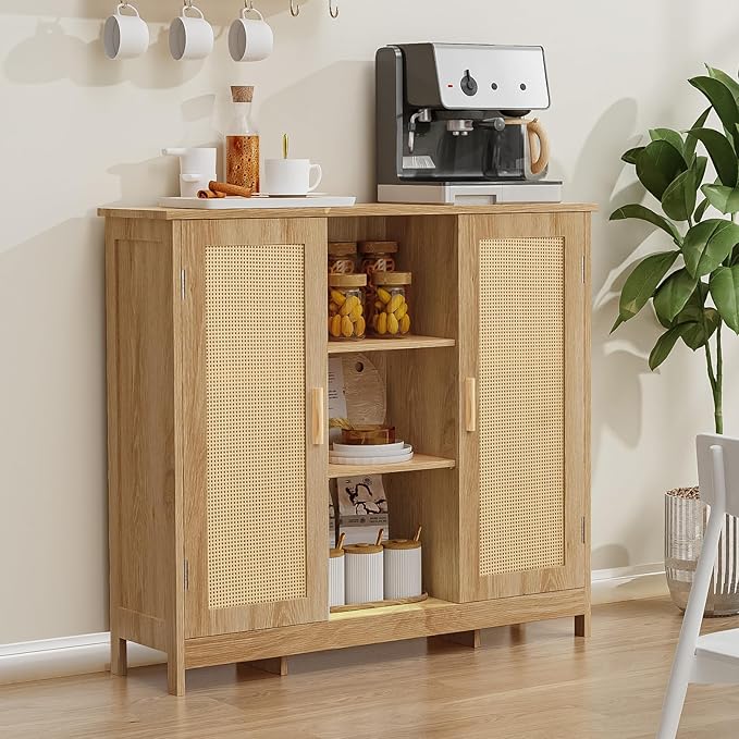 Iwell Rattan Storage Cabinet with 4 Adjustable Shelves, Coffee Bar Cabinet, Sideboard Buffet for Kitchen, Living Room, Entryw