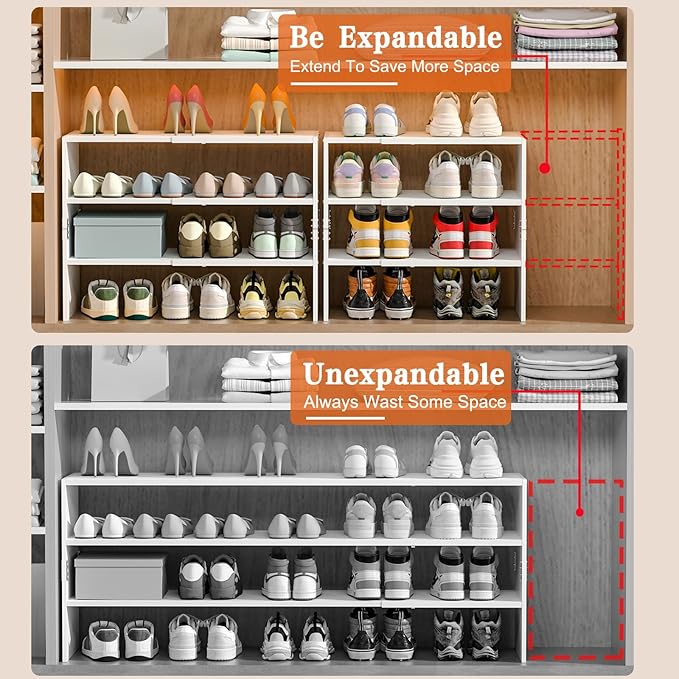 White Shoe Rack Organizer for Closet, 3-Tier Expandable Shoe Shelf, Stackable Iron Wood Combination Shoe Racks Shelves for Cl