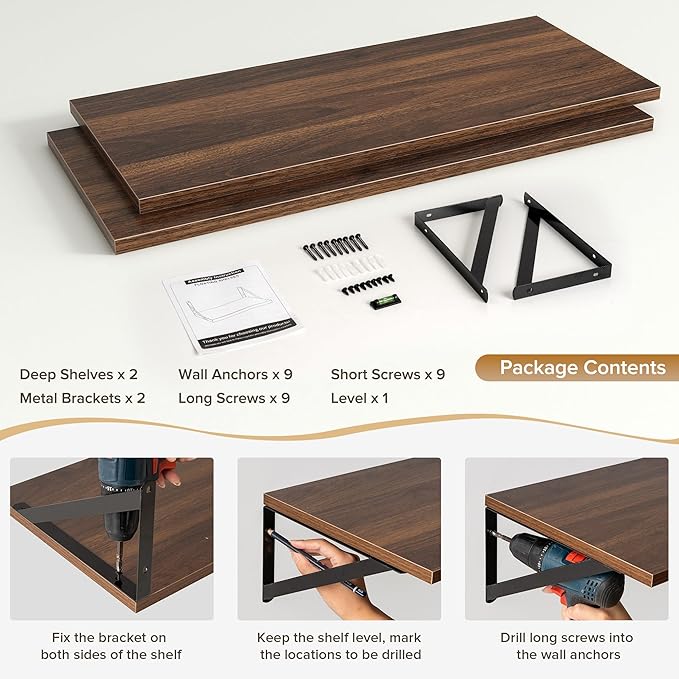 Deep Floating Shelves Wall Mounted, 30"x12" Walnut Wall Shelves with Brackets Set of 2 for Bedroom, Living Room, Bathroom, Ki
