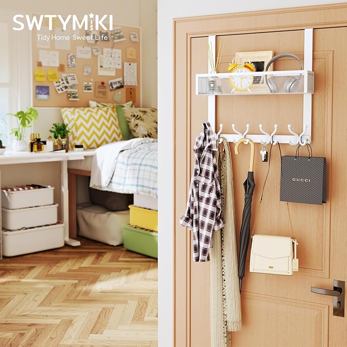 SWTYMIKI Over The Door Hook with 16 Hooks & Mesh Baskets - Heavy Duty Over The Door Organizer Hanger for Towels, Coats, Cloth