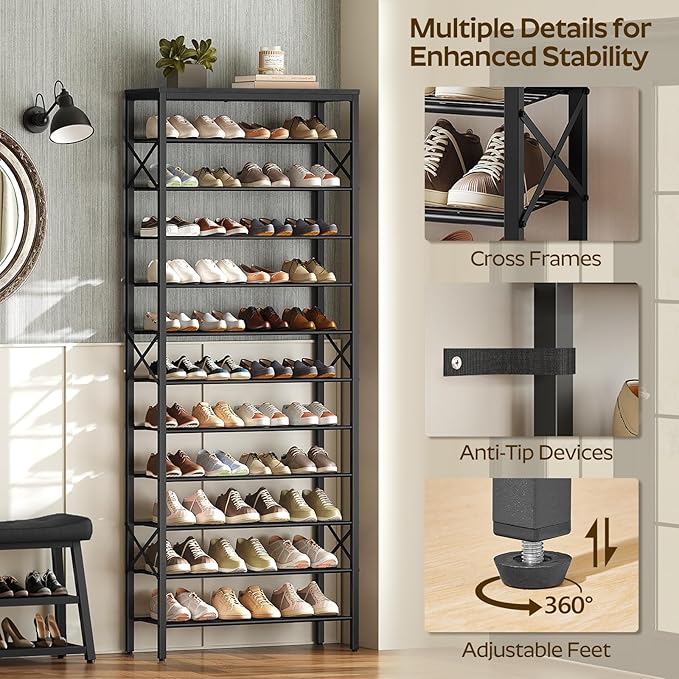 YATINEY 12 Tier Shoe Rack, Large Capacity Shoe Storage Organizer Holds 48 Pairs, Sturdy and Stable, for Entryway, Hallway, Cl