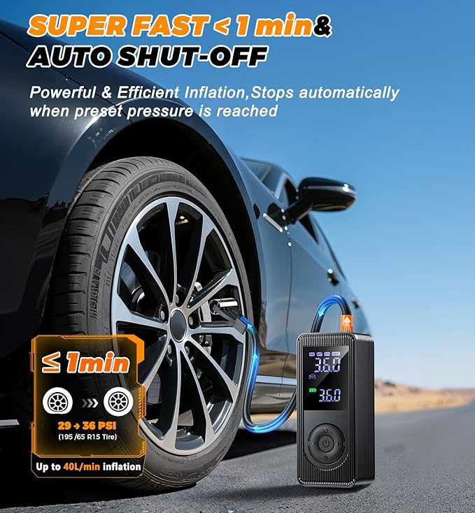 Tire Inflator Portable Air Compressor - 150 PSI 4X Fast Inflation Rechargeable Battery & 12V DC Adapter Powered Air Pump for Car Bike Motorcycle Tires Balls with LCD Display, LED Light