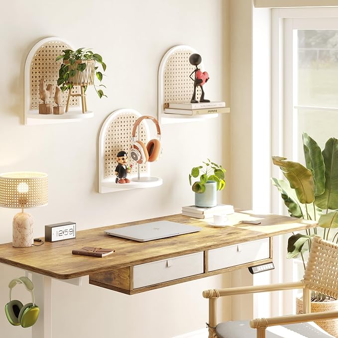 Rattan Wall Shelf Set of 3, 7''White Rattan Shelves with Wicker Decor, Boho Decor Small Floating Shelves for Wall, Arched She