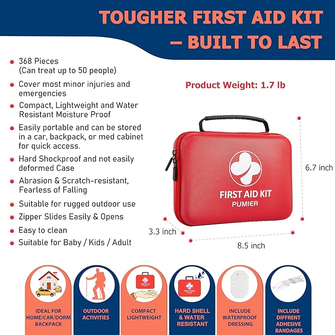 First Aid Kit - 368pcs Waterproof Compact Portable Hard Case - Ideal for Home, Car, Travel, Businesses, Hiking, Vehicle, Boat