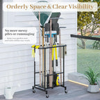 Garden Tool Organizer with Wheels, Heavy Duty Metal Garage Tool Storage Rack, Yard Tool Holder for Long-Handled Tools, Rakes 