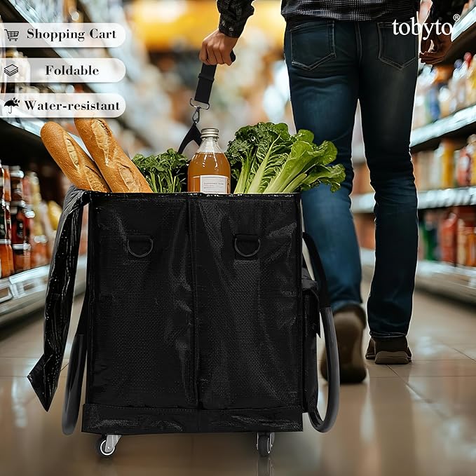 tobyto Reusable Grocery Bag on Wheels, 105L Foldable Rolling Tote, Shopping Trolley 66LBS Capacity - Water-Resistant for Laun