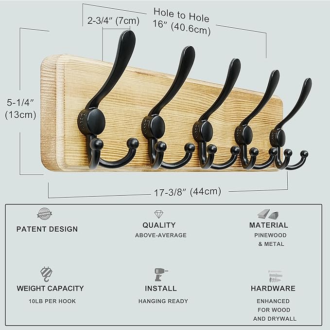 Dseap Coat Rack Wall Mount - Heavy-Duty Robust Rustic Wooden Wall Coat Hanger Hook Rail with 5 Triple Hooks for Winter Coats 