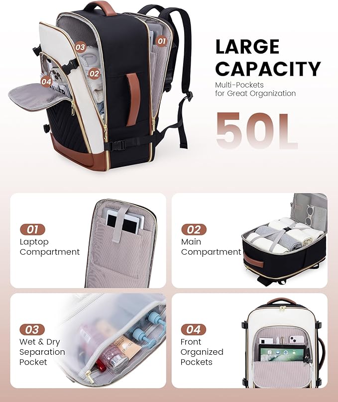 LOVEVOOK Large Travel Backpack for Women, TSA Carry on Backpack for Airplanes, 50L Personal Item Travel Bag for Women fits 17
