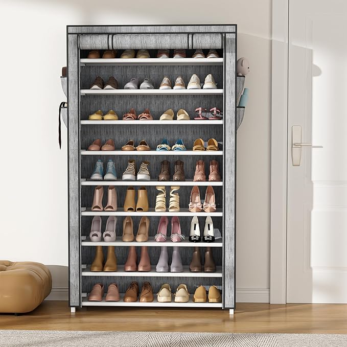 VILICK Shoe Rack with Cover Narrow Shoe Organizer with Pockets 10 Tier Tall Shoe Storage Holds 36-41 Pairs Shoes and Boots Sh