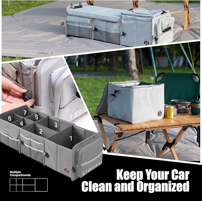 LIBZAKI Oversize 4 in 1 Car Trunk Storage Organizer, Multi Compartment Collapsible Trunk Storage Box with Cooler Bag for Car