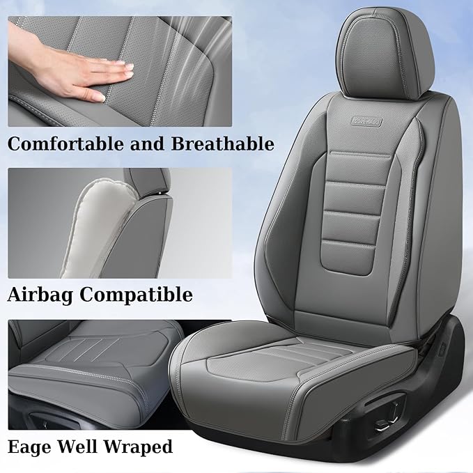 Coverado Seat Covers Full Set, Seat Covers for Cars, Gray Car Seat Cover, Waterproof Car Seat Protector, Nappa Car Seat Cushi