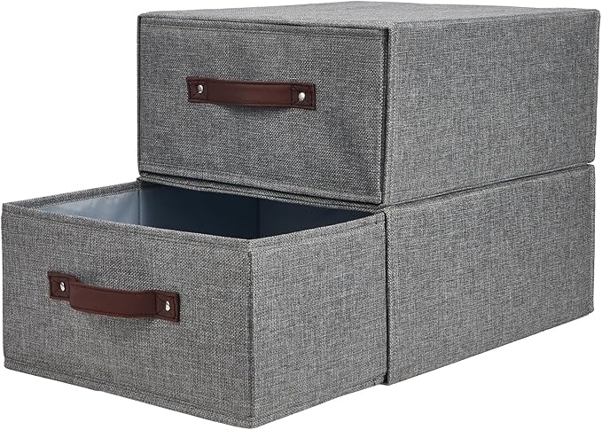 2PCS Closet Drawer Organizer Stackable Fabric Storage Boxes Bins Baskets with Lid PU Leather Handles Foldable Washable Cotton