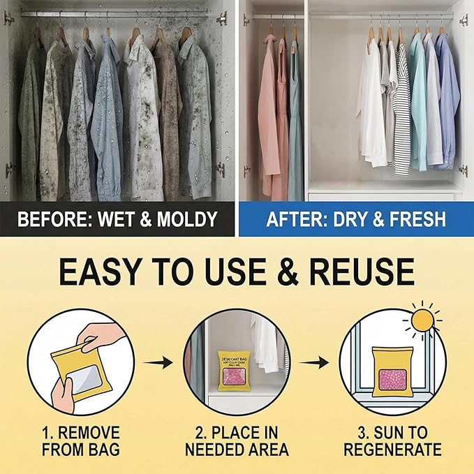 4Pcs Silica Gel Packets for Storage, 200g Each Color Indicating Dehumidifier Bags, Reusable Desiccant Packs for Closets,