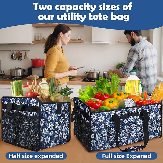 Muzale Extra Large Utility Tote Bag with Wire Frame Heavy Duty Grocery Bags Reusable Shopping Bags for Groceries with Handles Foldable XL Beach Bag for Travel Picnics Camping Car Trunk Organization