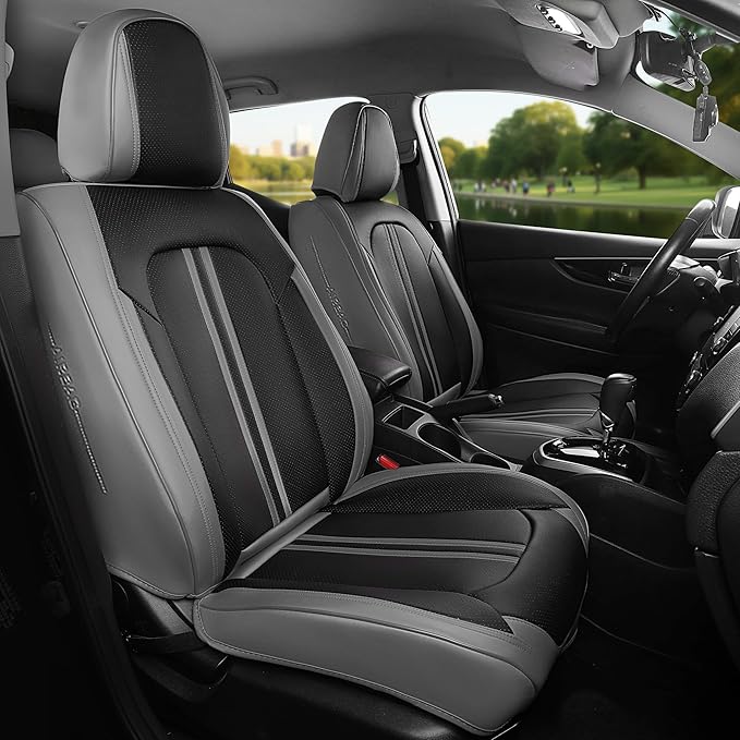FREESOO Car Seat Covers Full Set, Black Gray Waterproof Car Seat Cover, Leather Seat Covers for Trucks, Luxury Car Seat Cover