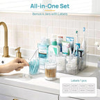 Vtopmart 5 PCS Bathroom Countertop Organizer, 1 Divided Tray with 4 Qtip Holder Jars, Restroom Clear Organizers for Toothbrus