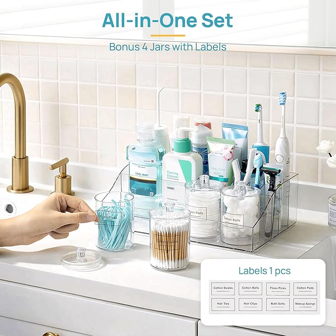 Vtopmart 5 PCS Bathroom Countertop Organizer, 1 Divided Tray with 4 Qtip Holder Jars, Restroom Clear Organizers for Toothbrus