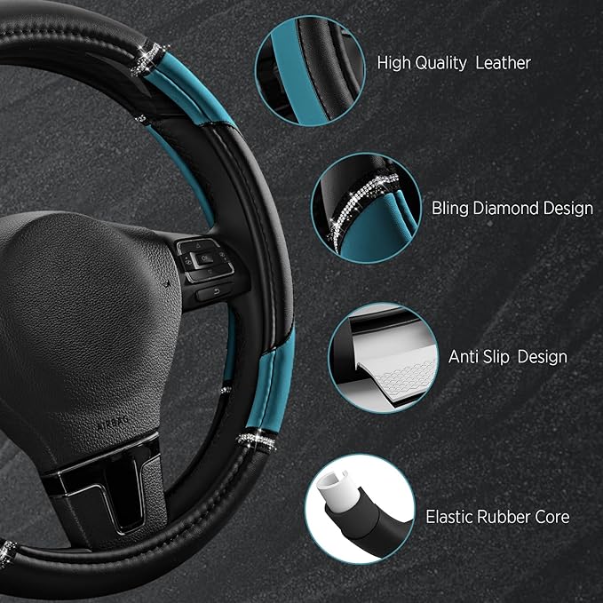 Road Comforts Leather Steering Wheel Cover - Made with PVC Leather - Anti-Slip, Universal Fit 14 1/2 inches to 15 inches - Da