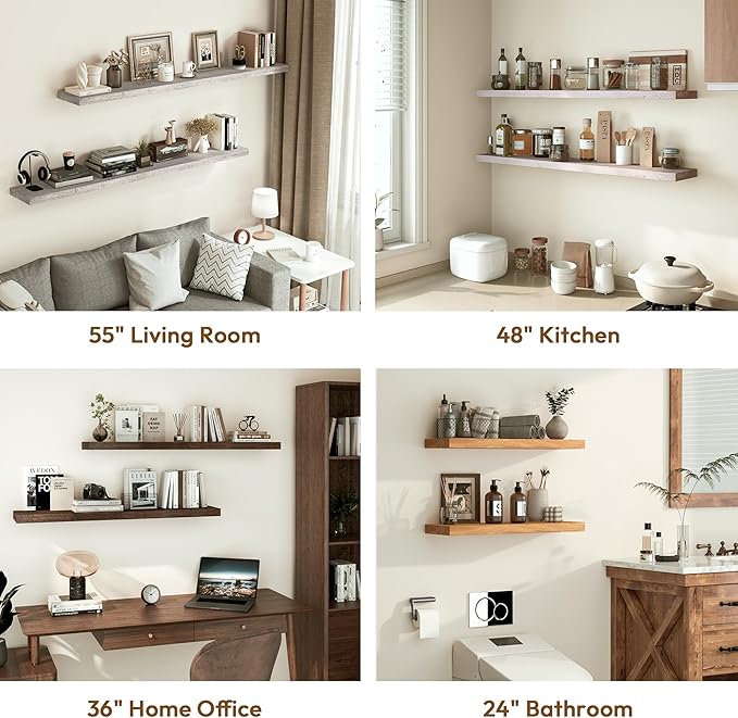 Vivelove Elm Wood Floating Shelves, Wooden Shelves for Wall with Invisible Bracket for Living Room Bedroom Bathroom Office Bo