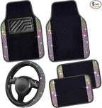 CAR PASS Bling Diamond Leather Steering Wheel Cover 14.5in-15in Floor Mats Shining Rhinestone Carpet Sparkly Glitter Crystal Anti-Slip Pad Fit Automotive SUV Pickup Truck Girl Women, 5pcs Multicolor