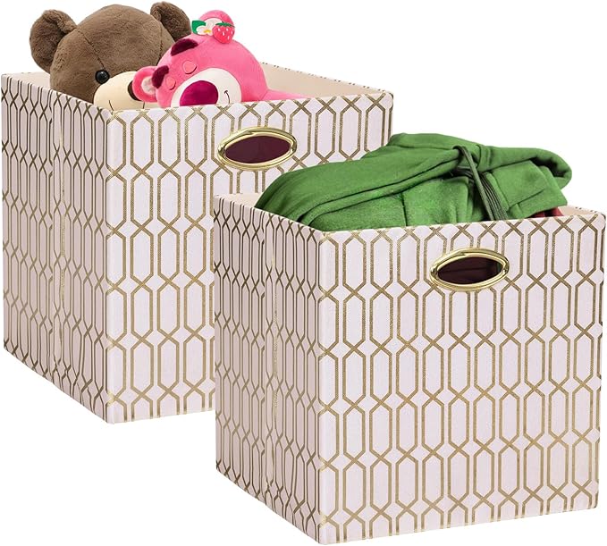 Posprica Storage Bins, Storage Cubes,13×13 Fabric Drawers Organizer Basket Boxes Containers (13×13×13/2pcs, Cream/gold geomet