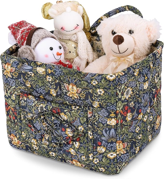 Storage Basket Boho Fabric Large Collapsible Floral Laundry Nursery Hamper Portable Folding Storage for Clothes Toys (Blue)
