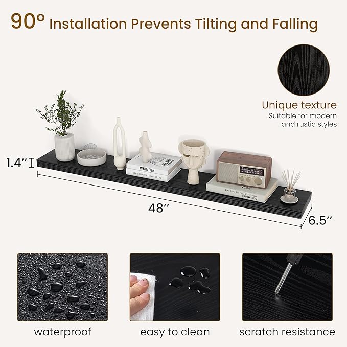 Dreamland 48Inch Floating Shelves for Wall, Rustic Wooden Black Floating Shelves for Living Room, Kitchen, Farmhouse, Deep Wa