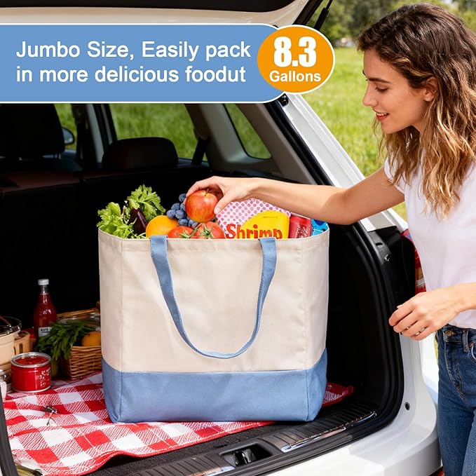 Reusable Grocery Bags Heavy Duty, 8.3 gal Foldable Large Canvas Tote Bag with Handles, Holds 60 lbs Canvas Shopping Bags, 1 Pack（Off White+Light Blue）