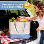 Reusable Grocery Bags Heavy Duty, 8.3 gal Foldable Large Canvas Tote Bag with Handles, Holds 60 lbs Canvas Shopping Bags, 1 Pack（Off White+Light Blue）