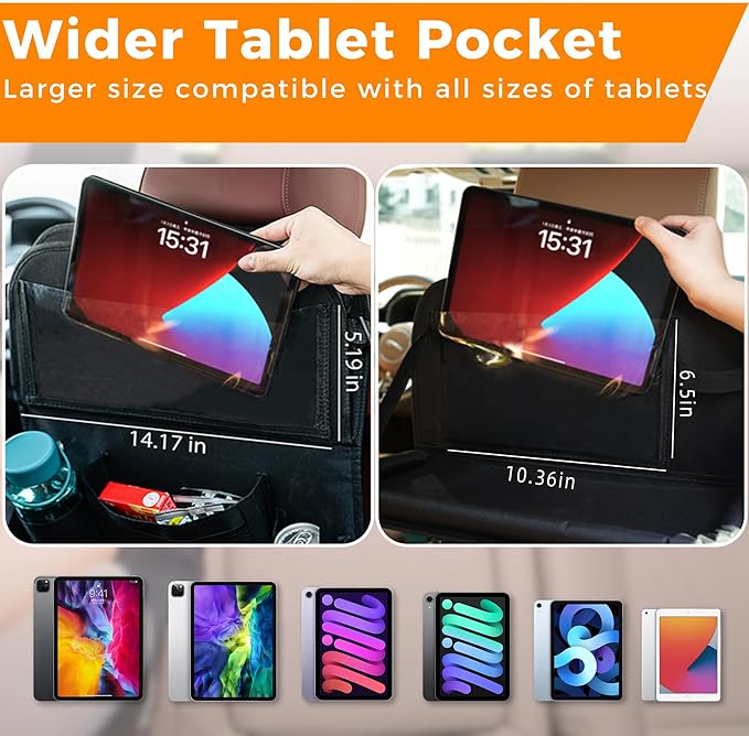 Backseat Car Organizer with Tray, 9 Storage Pockets Back Seat Protector with Foldable Tablet Holder, Waterproof Back of Seat Kick Mats for Kids Adult, Travel Accessories 2 Pack, Gray