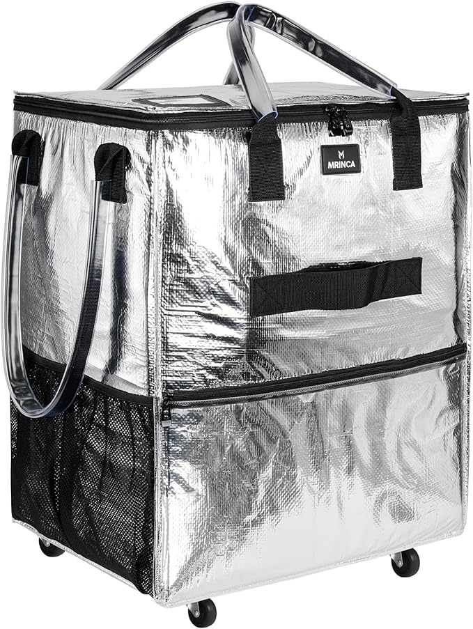 Large Reusable Grocery Bag On Wheels, 130L Foldable Tote, 5 Swivel Wheel Shopping Trolley with Multiple Pockets, Zippered Top, Folds Flat for Storage, for Shopping, Laundry, Camping, Moving, Silver