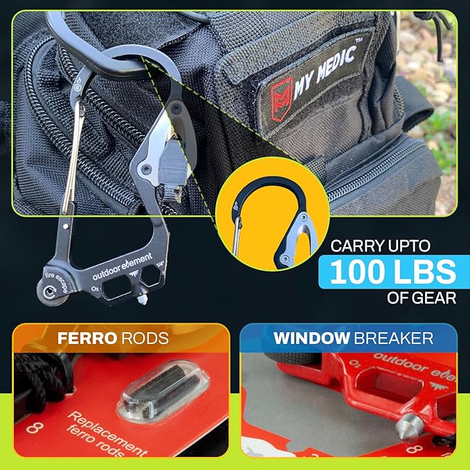 OUTDOOR ELEMENT Fire Escape, Emergency Escape Tool, Seatbelt Cutter, Window Breaker, Multi Tool, Fire Starter, Carabiner, and