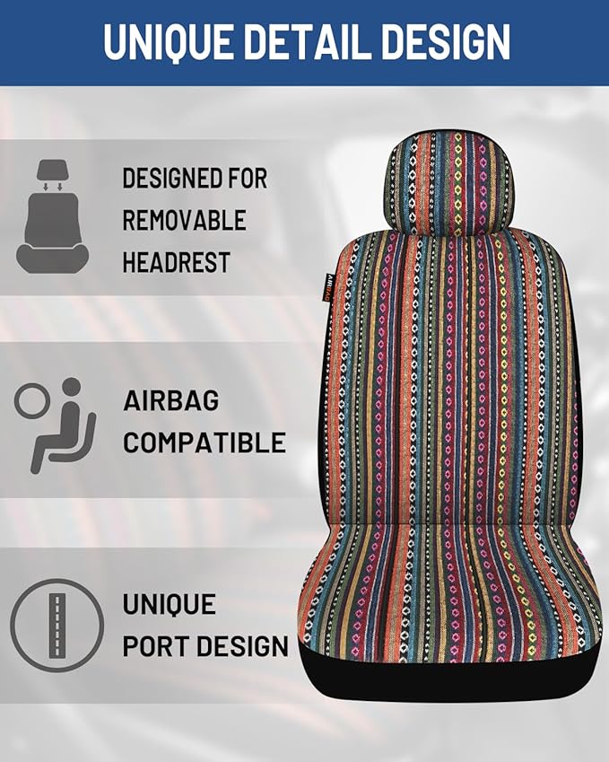 Baja Saddle Blanket Car Seat Covers Front Set, Washable Breathable Striped Woven Cloth Seat Covers for Cars, SUV, Truck, Airb